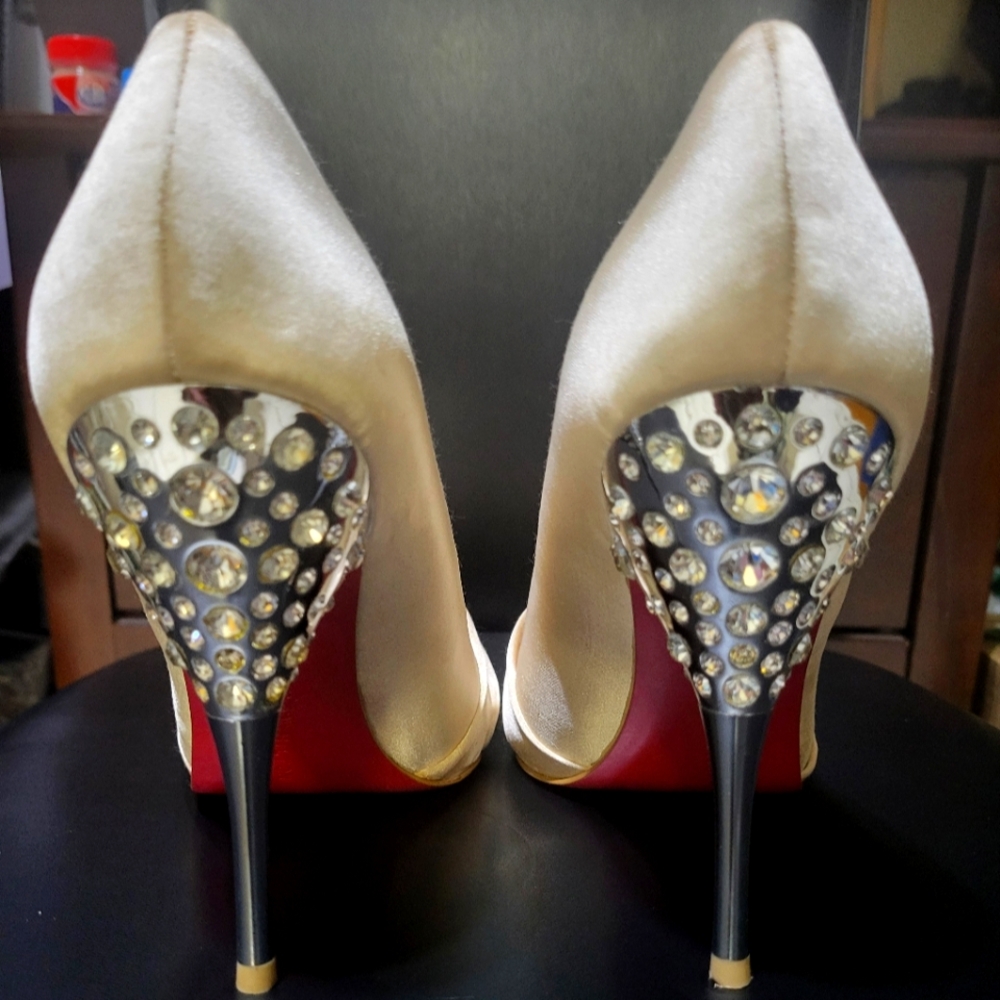 Paris Hilton  Gold Satin  with stone stud heels Size 10M